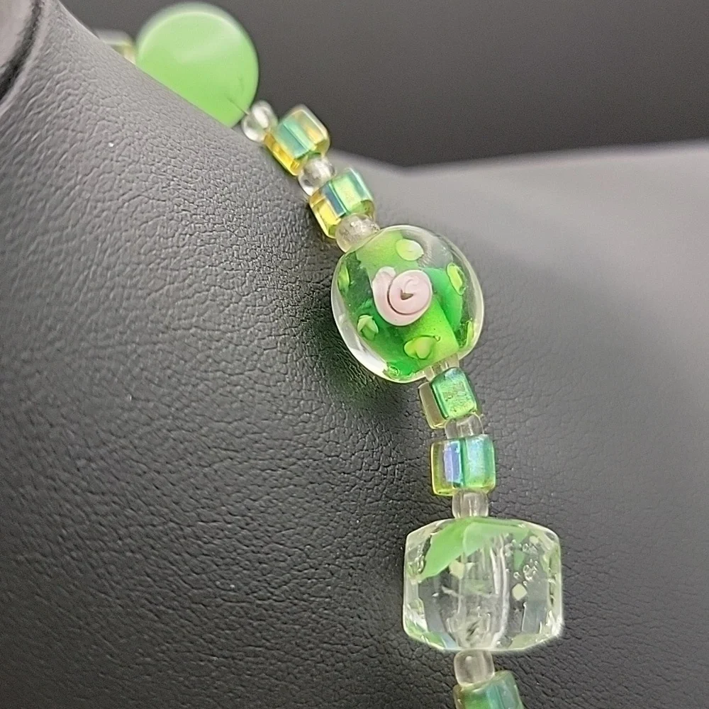 Unique Handmade Vibrant Green Art Glass Faceted Round Necklace and Bracelet Set